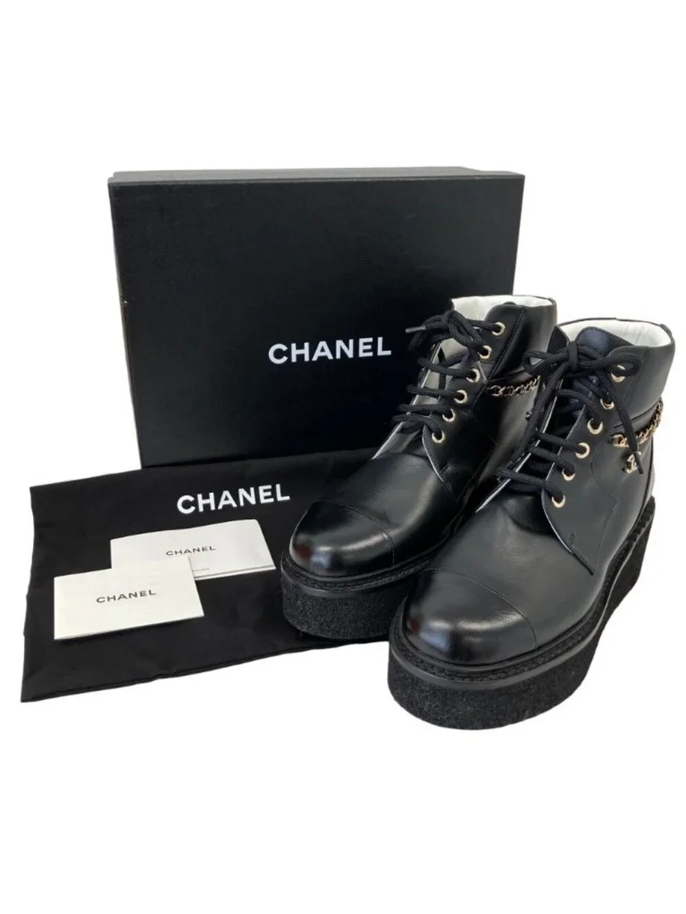 Chanel CC Logo Chain Decoration Lace Up Boots 37.5 Black